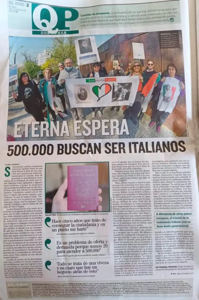 Jornal uruguaio dedicou três páginas para abordar a questão da fila no consulado italiano do Uruguai | Foto: La Gente d'Italia 