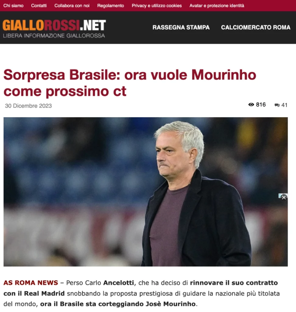 Segundo o portal Giallo Rossi, A CBF está em busca de Mourinho, da Roma | Foto: Reprodução/Site 