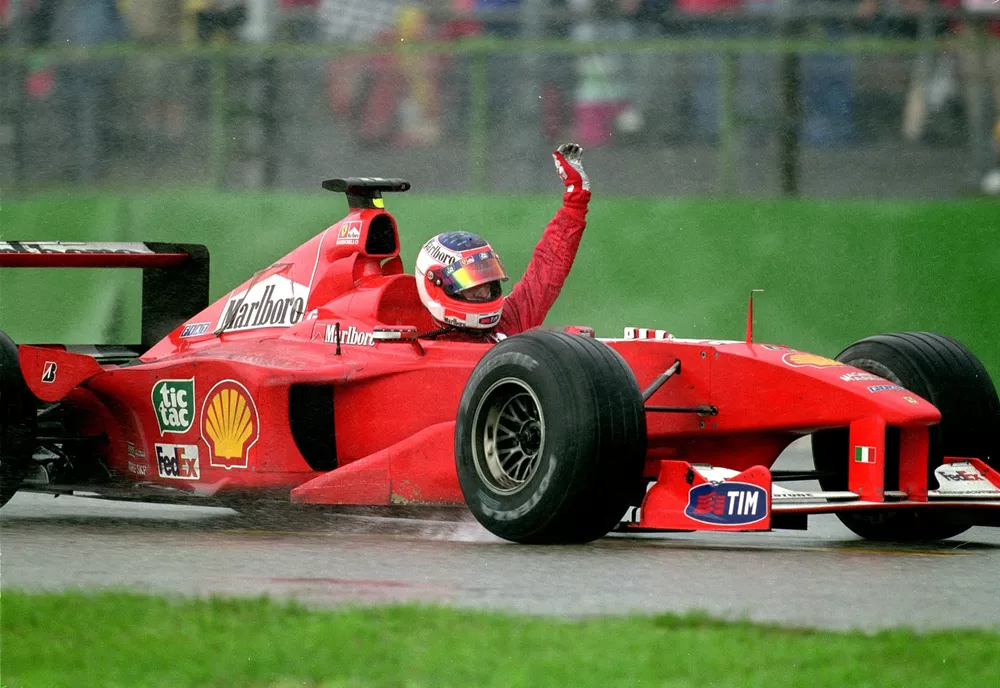Rubens Barrichello comemora primeira vitória na Fórmula 1, no GP da Alemanha de 2000 — Foto: Getty Images