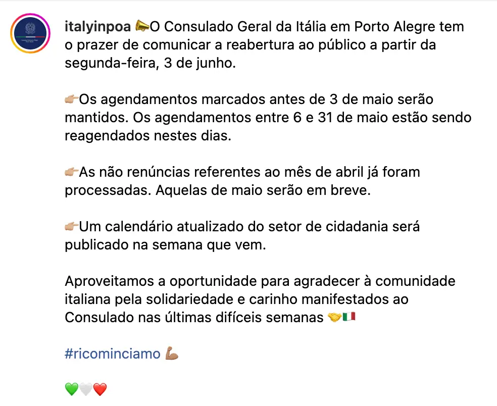 Publicação do Consulado Geral da Itália em Porto no Instagram | Foto: Reprodução 