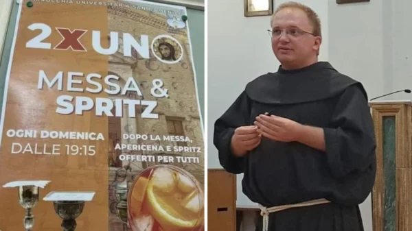 Fra Andrea Ricatti, o frade franciscano que inovou ao oferecer spritz pós-missa, em um gesto que mistura fé e convivialidade na paróquia de Urbino | Foto: Divulgação