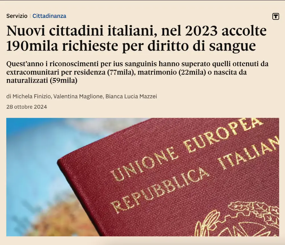 Artigo no Il Sole 24 Ore: 190 mil pedidos por direito de sangue | Foto: Reprodução 