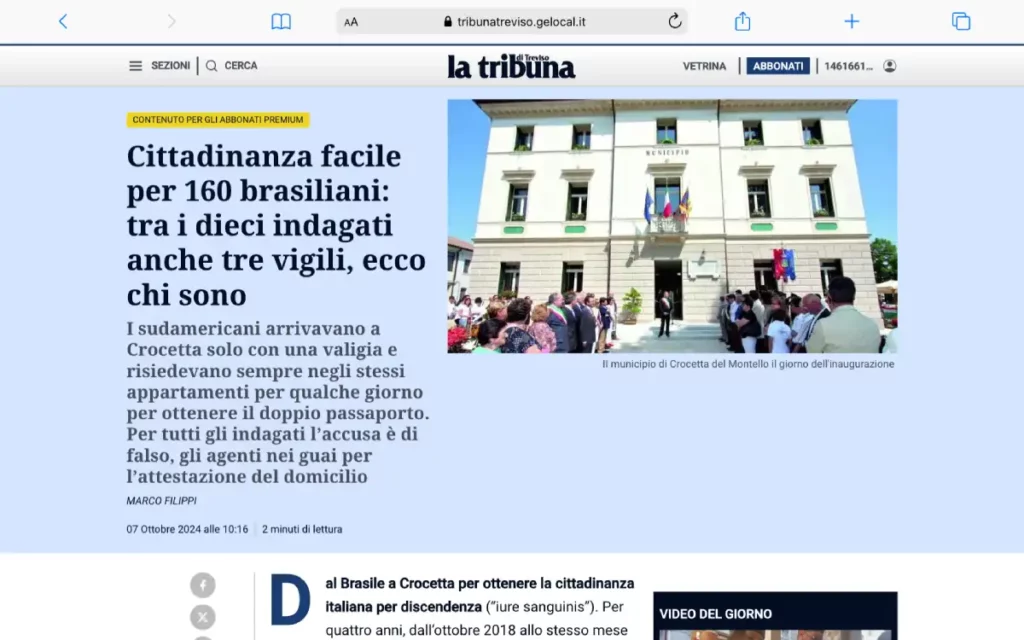 Jornal La Tribuna, de Treviso, revela o caso de fraude na cidadania italiana envolvendo brasileiros | Foto: Site La Tribuna
