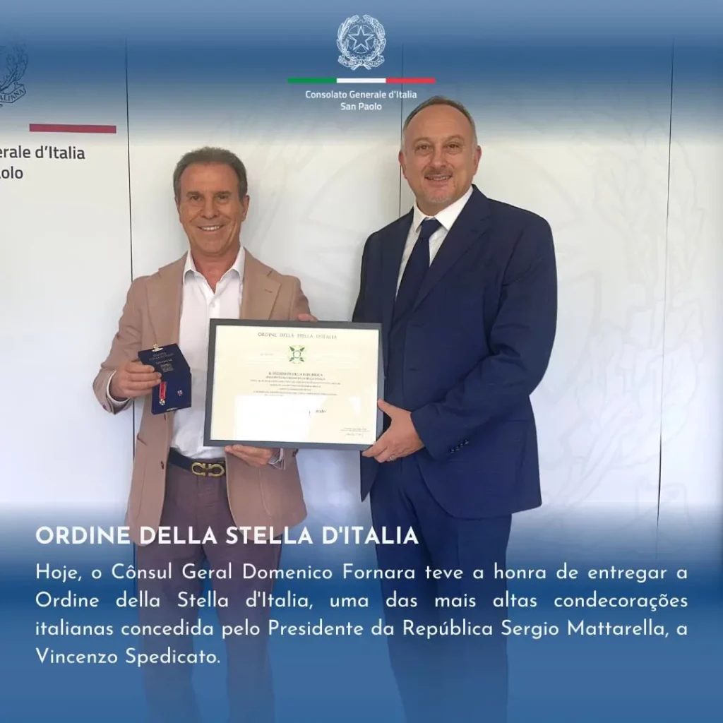 Em cerimônia recente, o Cônsul Geral Domenico Fornara entregou a Vincenzo Spedicato,Vice-Cônsul Honorário em Ribeirão Preto, a Ordine della Stella d’Italia, uma das mais altas condecorações italianas, concedida pelo Presidente da República Sergio Mattarella.