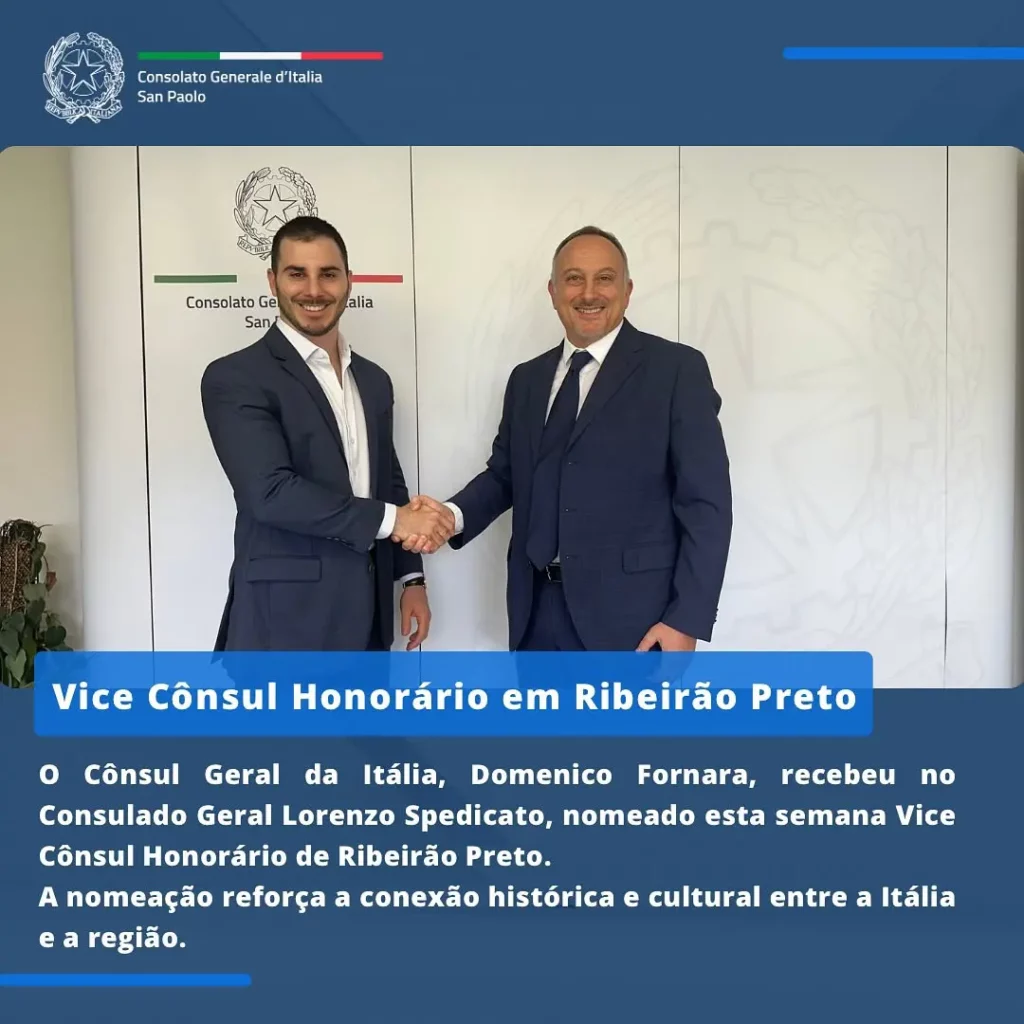 O Cônsul Geral Domenico Fornara recebeu no Consulado italiano em São Paulo o novo Vice-Cônsul Honorário de Ribeirão Preto, Lorenzo Spedicato. A nomeação celebra a histórica ligação entre a Itália e a região, uma das maiores em número de ítalo-descendentes no estado de São Paulo.