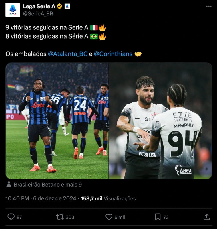 Perfil do Campeonato Italiano compara o Corinthians ao líder da liga