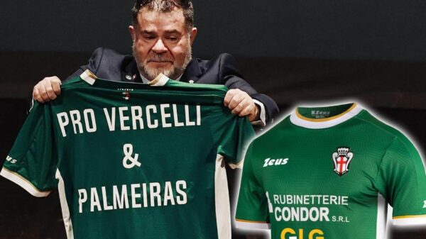 Nova camisa do Pro Vercelli celebra laços históricos com o Palmeiras | Foto: Reprodução