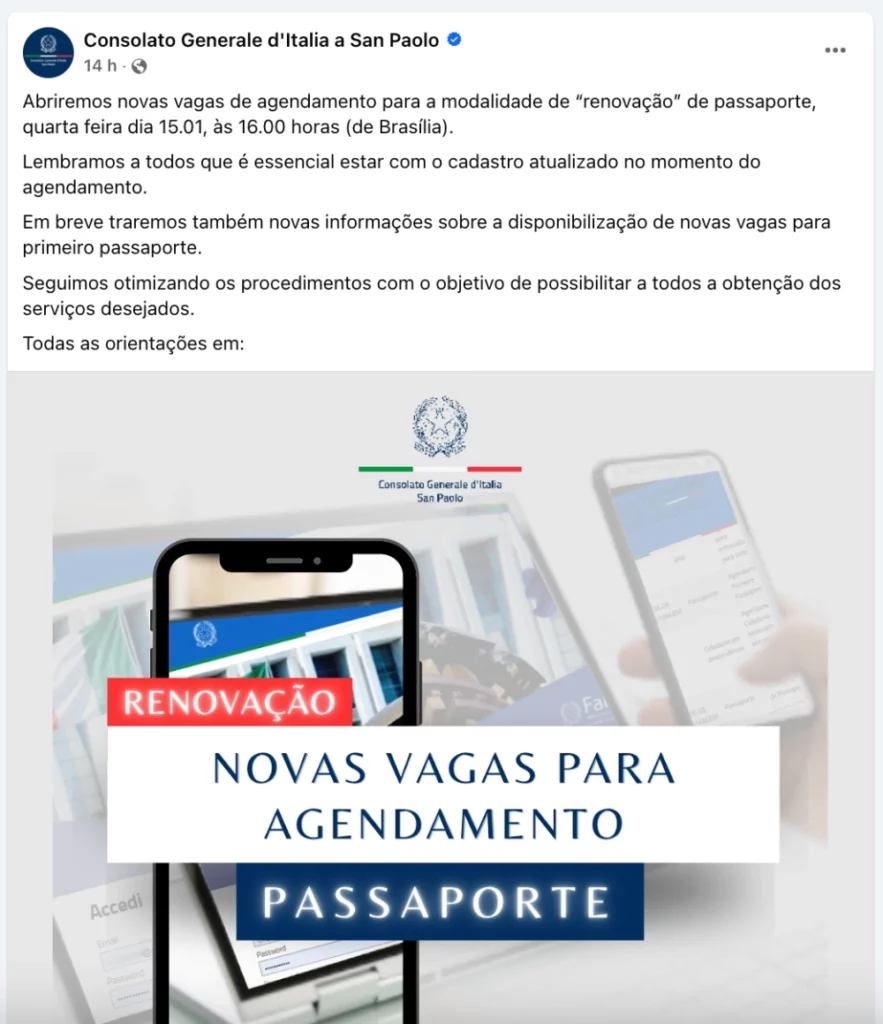 Consulado italiano libera novas vagas para renovação de passaporte no dia 15/01 às 16h (horário de Brasília). 