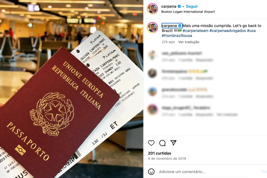 Márcio Carpena exibe com orgulho seu passaporte italiano nas redes sociais, destacando sua conexão com a Itália