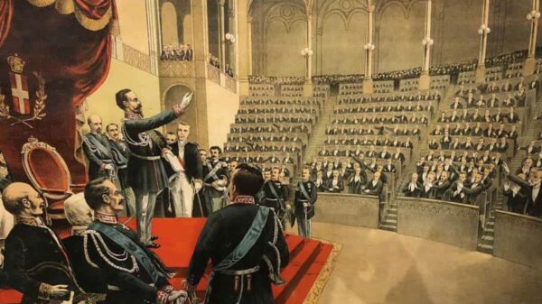 Ilustração retrata a Proclamação do Reino da Itália em 17 de março de 1861, marco da unificação italiana, com Vittorio Emanuele II sendo aclamado como o primeiro rei | Foto: Studia Rapido