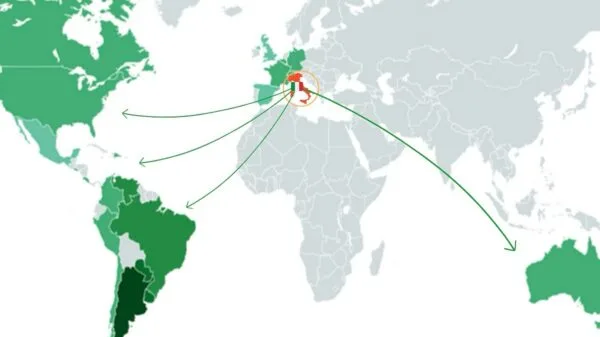 Mapa destaca os países com maior número de descendentes de italianos e revela os destinos mais procurados na diáspora entre os séculos 19 e 20 | Foto: Brilliant Maps