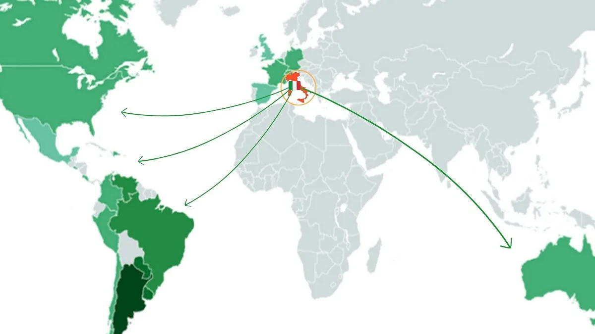 Mapa destaca os países com maior número de descendentes de italianos e revela os destinos mais procurados na diáspora entre os séculos 19 e 20 | Foto: Brilliant Maps
