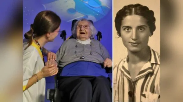 Lucia Ronda aos 111 anos e em sua juventude, quando estudava na Accademia di Brera, em Milão | Foto: Corriere