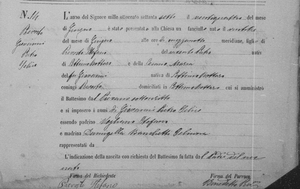 Registro de batismo de Giovanni Pietro Felice Prevosto, avô paterno de Papa Leone XIV, nascido em 24 de junho de 1876 em Settimo Vittone, no Piemonte.