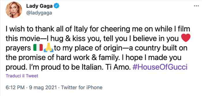 Quiero agradecer a toda Italia por su apoyo durante el rodaje de la película: los abrazo y los beso a todos, creo en ustedes, rezo por mi patria, un país construido sobre la promesa del trabajo duro y la familia. Espero haberlos hecho sentir orgullosos. Estoy orgulloso de ser italiano. LOS QUIERO, ITALIA.