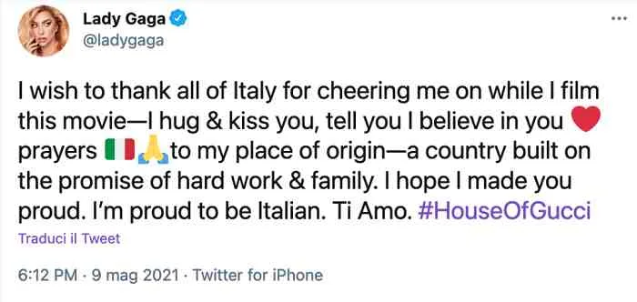 “Quero agradecer a toda a Itália por ter me apoiado durante as filmagens do filme: abraço e beijo todos vocês, acredito em vocês, rezo pela minha terra de origem, um país construído sobre a promessa de trabalho duro e sobre a família. Espero ter deixado vocês orgulhosos.Tenho orgulho de ser italiana. TE AMO, ITÁLIA.”