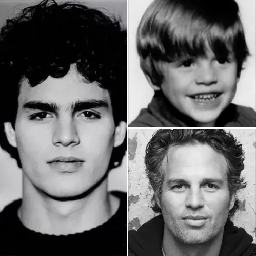 Mark Ruffalo em três fases da vida: infância, juventude e maturidade — imagens que marcam a trajetória de um dos atores mais versáteis de Hollywood | Foto: Reprodução