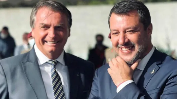 Salvini e Bolsonaro mantêm relação próxima desde 2021, marcada por afinidade ideológica | Foto: AFP