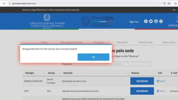 Mensagem exibida na tela do sistema Prenotami do Consulado Geral da Itália em São Paulo