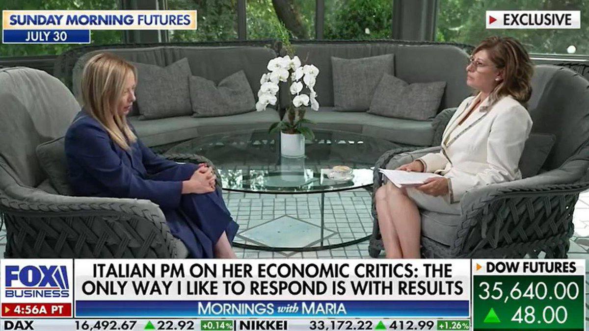 Meloni em uma das entrevistas para Maria Bartiromo