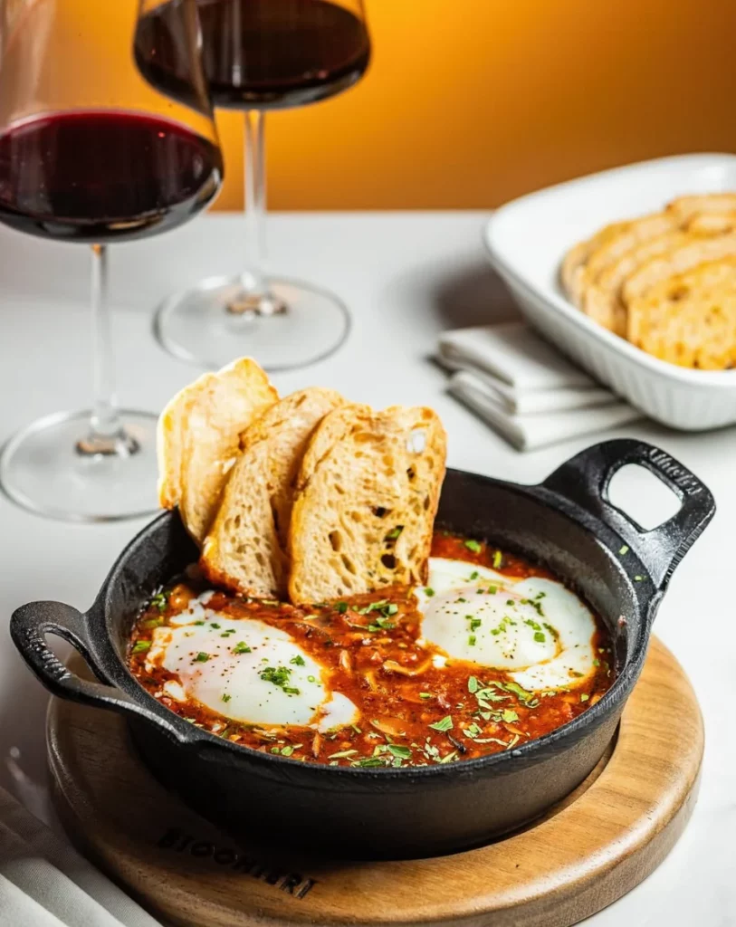 Clássico do sul da Itália, o Uova in Purgatorio, do Bicchieri, combina simplicidade e sabor, com ovos no molho de tomate e fatias de pão artesanal.