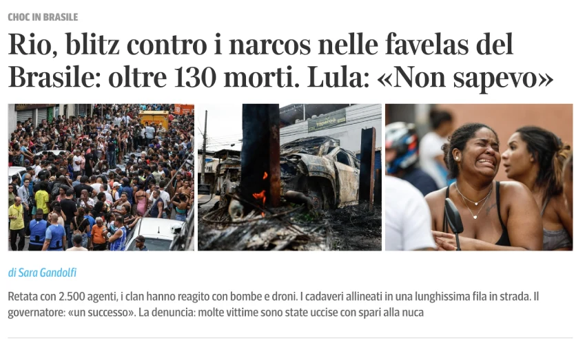 Chamada de capa do portal do Corriere Della Sera