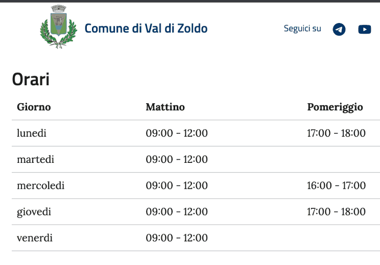 Site oficial da Prefeitura de Val di Zoldo informa que o atendimento ao público é de apenas 21 horas por semana
