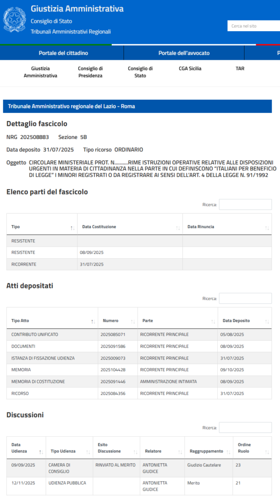 Detalhes da audiência pública no TAR do Lácio, realizada em 12 de novembro de 2025, com relatoria da juíza Antonietta Giudice