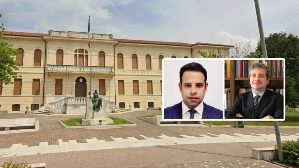 Os advogados Andrew Montone (à direita) e Valerio Piccolo (à esquerda) , que atuam na defesa dos requerentes contra o município de Castagnaro, no Vêneto.