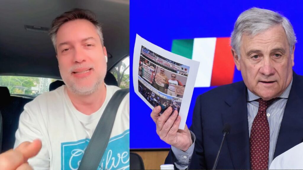 Tajani (dir) segurou imagens da “Black Friday da cidadania” ao anunciar a reforma da lei italiana em março de 2025.