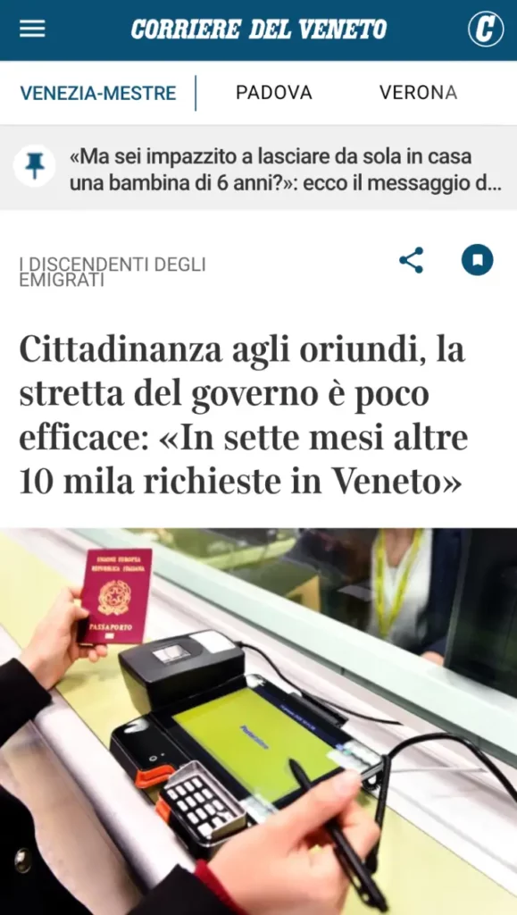 Captura de tela do site do Corriere del Veneto com a manchete: “Cidadania para oriundi, a restrição do governo é pouco eficaz: ‘Em sete meses, outras 10 mil solicitações no Vêneto’”, publicada nesta segunda-feira (1º).