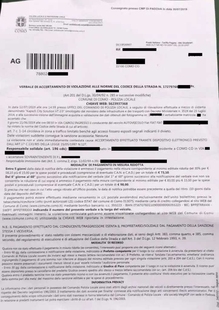 Notificação enviada ao turista mostra valor da multa por acesso irregular à ZTL