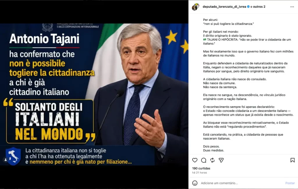 Publicação de Lorenzato em seu perfil no Instagram.