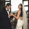 Dua Lipa and Callum Turner pose for their official wedding photo at Villa Valguarnera in Bagheria, Sicily.