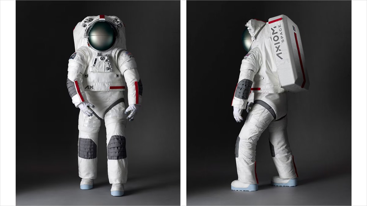 O traje espacial AxEMU, desenvolvido pela Prada para a Axiom Space, apresentado em Nova York em 7 de junho de 2026. Foto: Divulgação / Axiom Space e Prada.