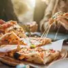 Amigos dividem fatias de pizza puxando o queijo derretido, hábito típico do Brasil, onde o prato costuma ser pedido inteiro e compartilhado à mesa.