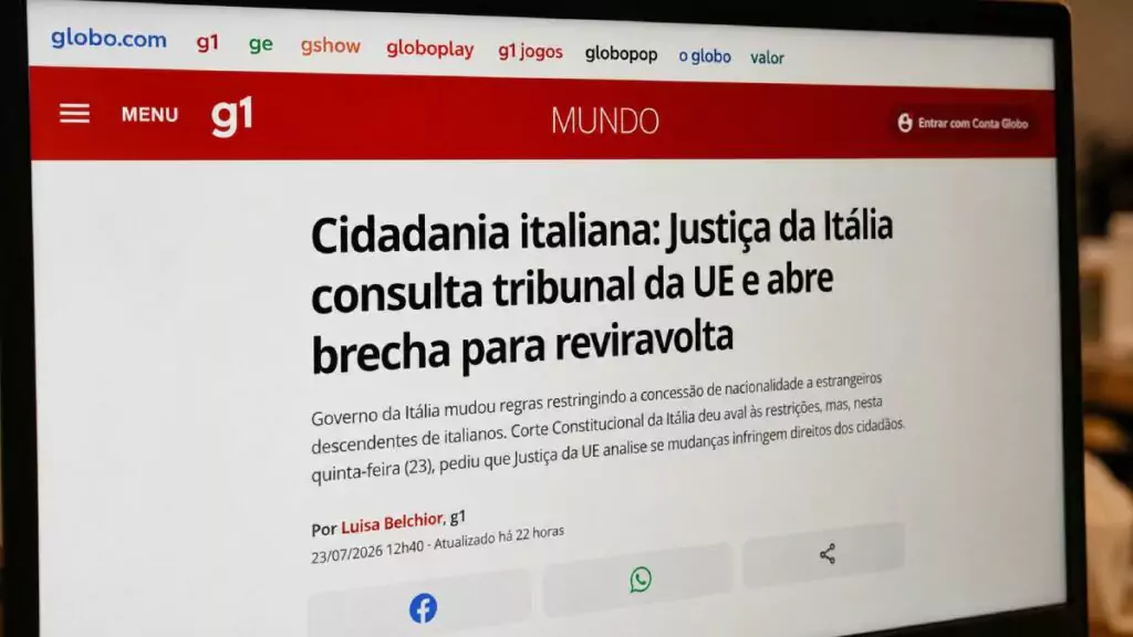 Página do G1 sobre a decisão da Corte Constitucional italiana de consultar a Justiça da União Europeia sobre as novas restrições à cidadania por descendência.