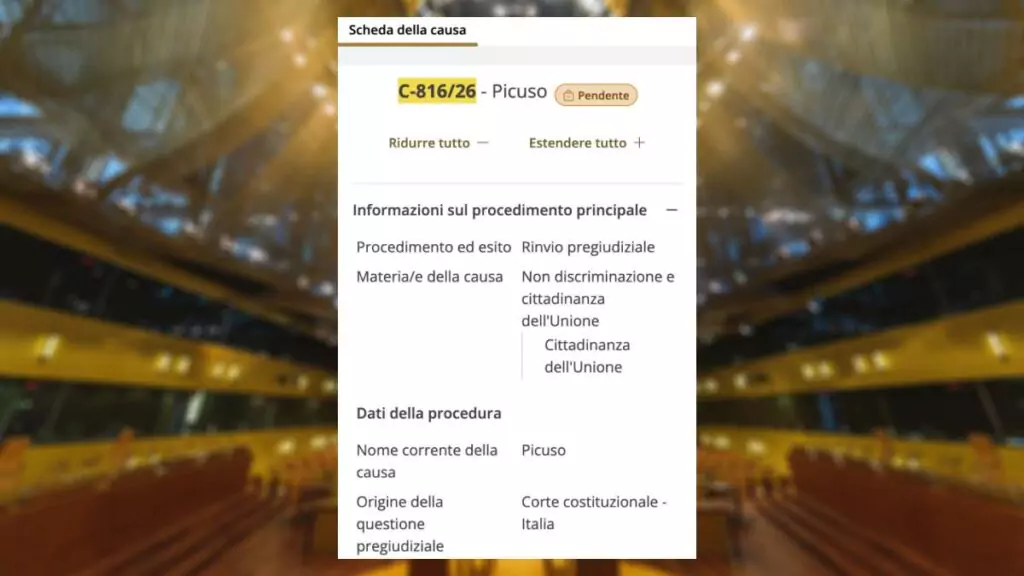 Case file C-816/26, Picuso, on the website of the Court of Justice of the European Union, in Luxembourg, this Thursday (30): official registration marks the beginning of the referral process made by the Constitutional Court of Italy. (Image: Reproduction/Court of Justice of the European Union)
