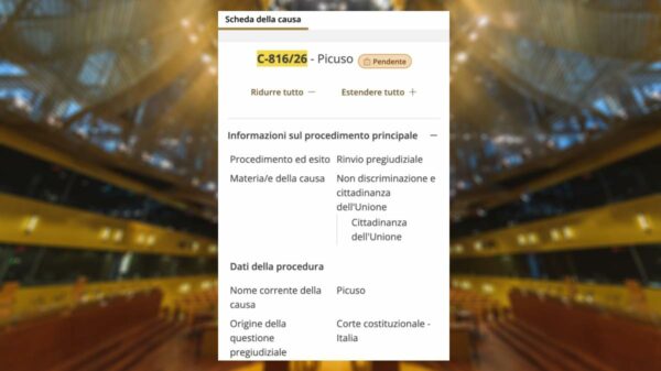 Ficha do caso C-816/26, Picuso, no portal da Corte de Justiça da União Europeia, em Luxemburgo, nesta quinta-feira (30): registro oficial marca o início da tramitação do reenvio feito pela Corte Constitucional da Itália. (Imagem: Reprodução/Corte de Justiça da União Europeia)