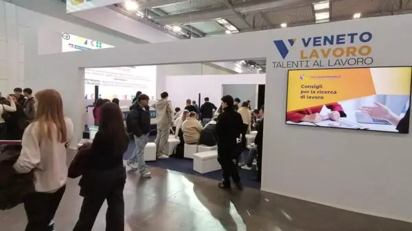 Estudantes participam de atividades de orientação no espaço "Talenti al lavoro" da Veneto Lavoro, que reúne serviços de busca de emprego no Vêneto.