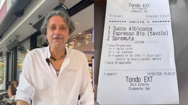 Luciano Colono, dono do Victor Lab, em Riccione, ao lado da comanda com a mensagem ofensiva; depois do episódio, ele fez piada com o caso nas redes sociais | Foto: Reprodução