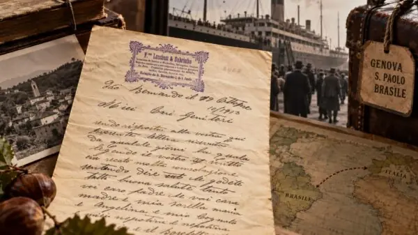 Carta de Amedeo Lucchesi aos pais, escrita em São Bernardo em 1913, em composição que remete à travessia entre Itália e Brasil | Foto: reprodução/montagem ilustrativa