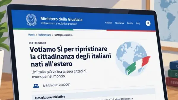 Ilustração sobre o referendo que pretende alterar pontos da reforma da cidadania italiana de 2025, com referência à plataforma oficial do Ministério da Justiça