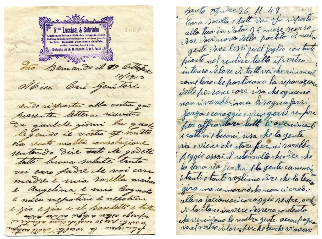 Fac-símile da carta enviada por Amedeo Lucchesi aos pais, de São Bernardo, em 19 de outubro de 1913 | Foto: Acervo Fondazione Paolo Cresci per la Storia dell’Emigrazione Italiana