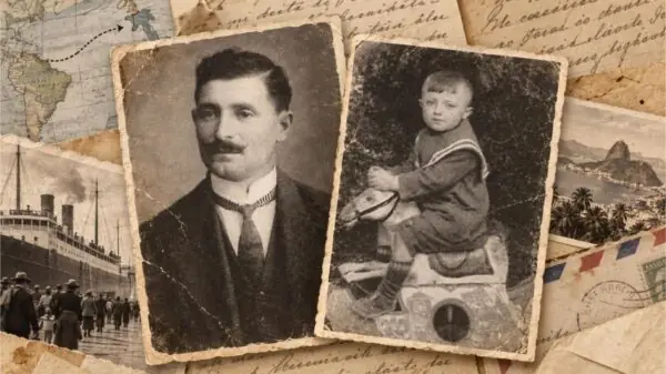Antonio Ghinato e o filho, Gilberto Bellettato, em imagens preservadas pelo Archivio Diaristico Nazionale. Antonio deixou a Itália em 1908 e só viu o rosto do menino anos depois, por fotografia, já em São Paulo | Montagem: Italianismo com imagens do acervo da Fondazione Archivio Diaristico Nazionale / Italiani all'estero, I diari raccontano