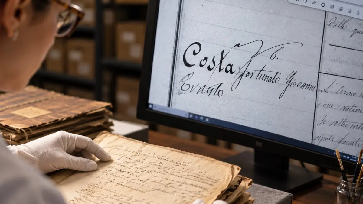 Pesquisa genealógica em registros históricos italianos, com destaque para o sobrenome Costa em documento digitalizado | Imagem ilustrativa gerada por IA/Italianismo