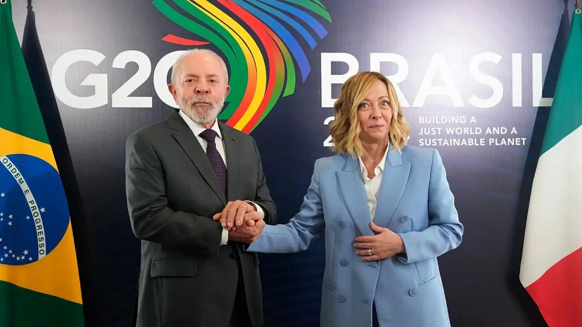 O presidente Luiz Inácio Lula da Silva e a primeira-ministra da Itália, Giorgia Meloni, durante a Cúpula do G20, no Rio de Janeiro, em novembro de 2024