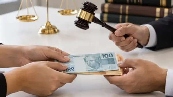 Consumidor entrega dinheiro em cena que simboliza disputa judicial por devolução de valores pagos em serviços de cidadania italiana | Foto: IA