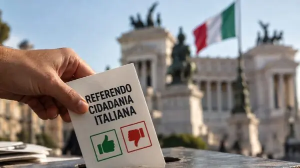 Ilustração representa a participação em referendo sobre cidadania italiana, com urna, cédula e passaporte italiano | Imagem: gerada por inteligência artificial/Italianismo