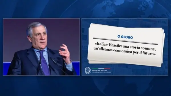 Antonio Tajani em imagem divulgada pelo Ministério das Relações Exteriores da Itália para destacar artigo publicado no O Globo sobre a parceria entre Itália e Brasil | Foto: Farnesina/Reprodução